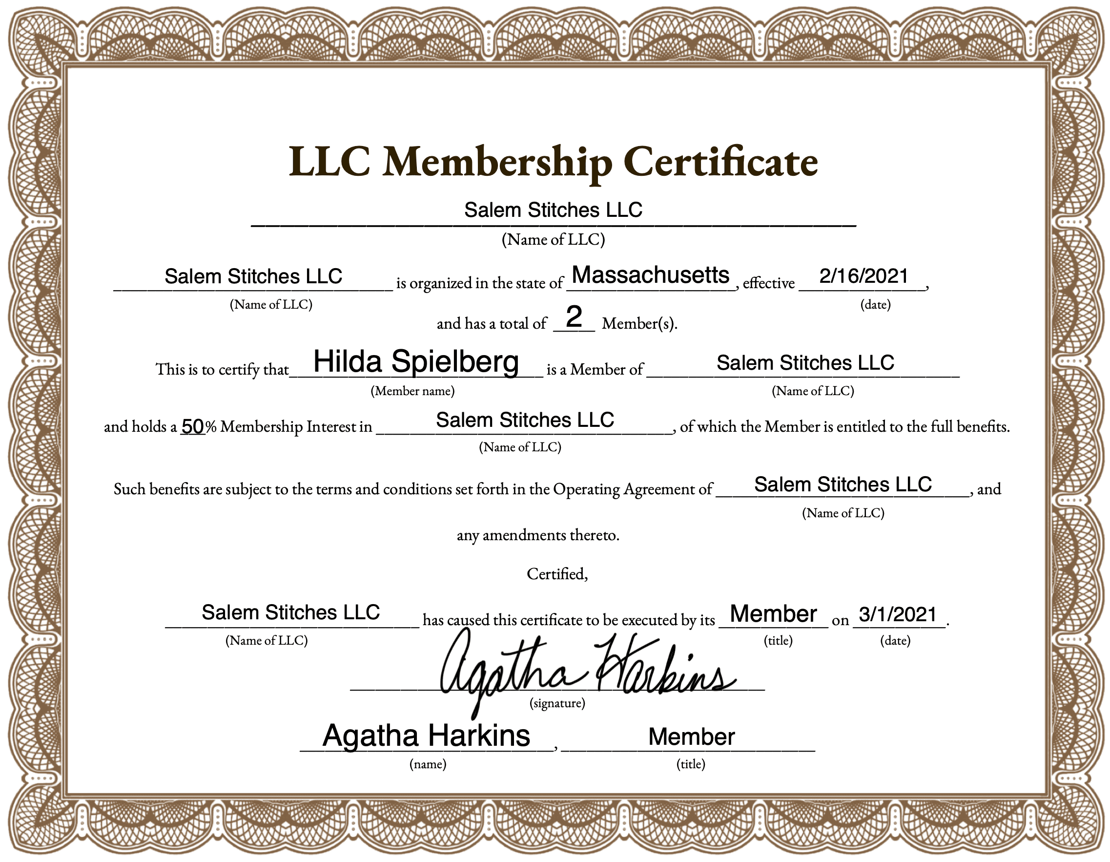 sample Llc Member Certificate template