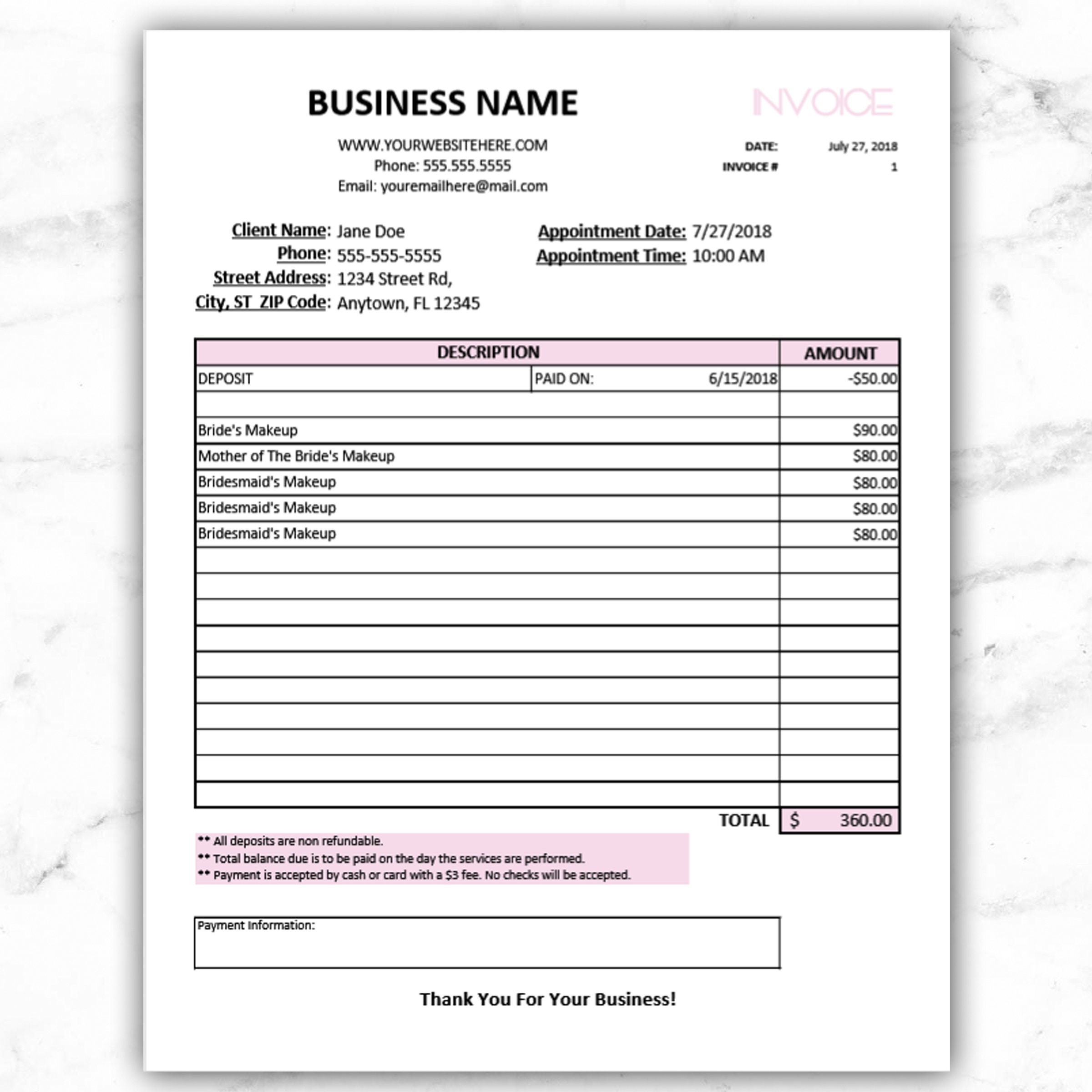 sample invoice for makeup artist template