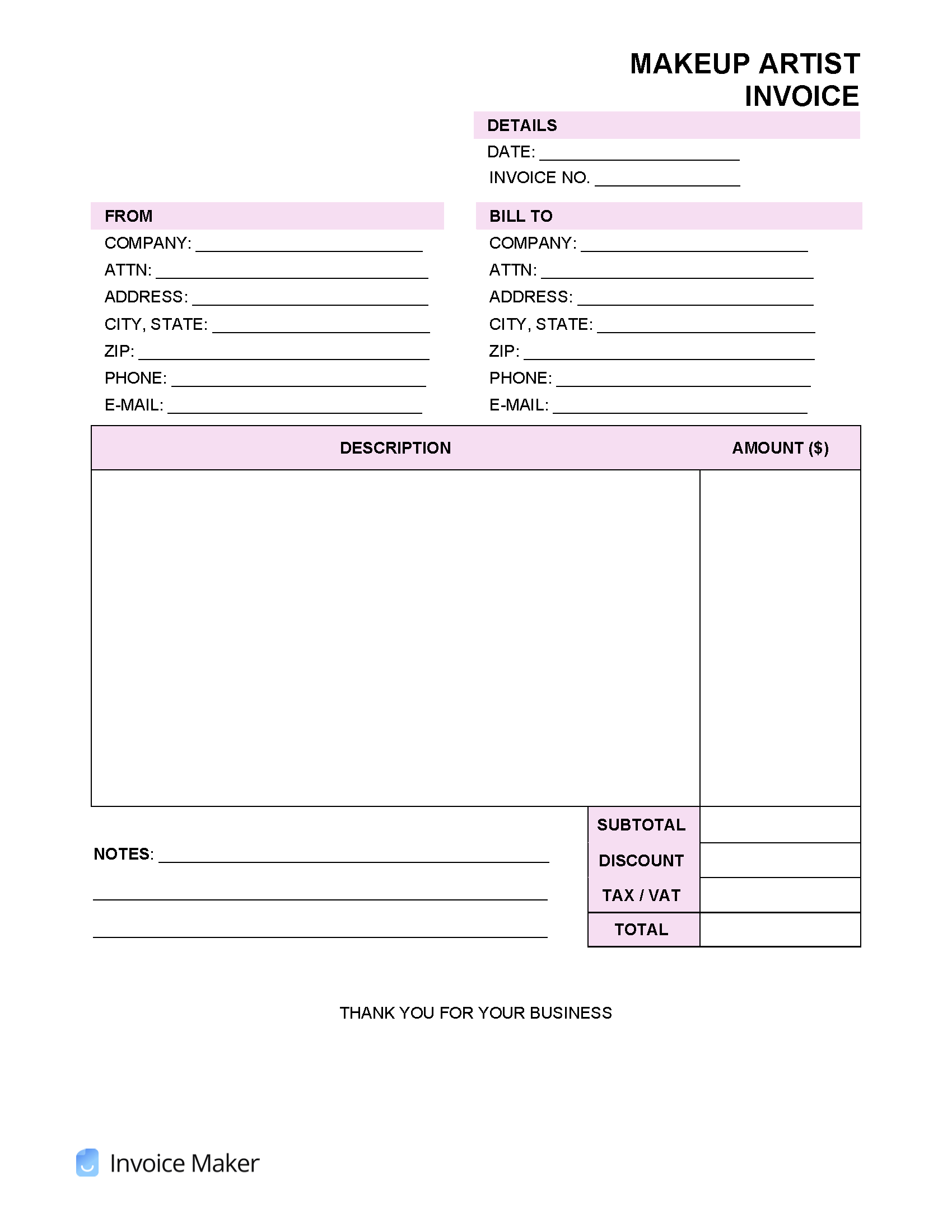 sample invoice for makeup artist template