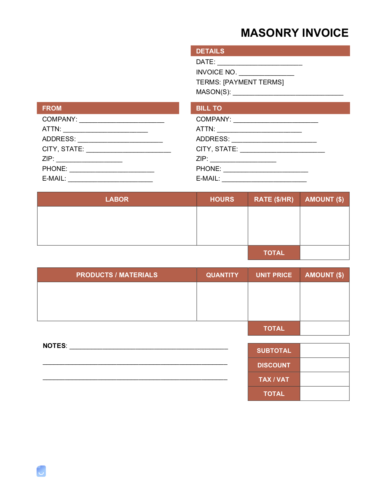 sample masonry invoice template