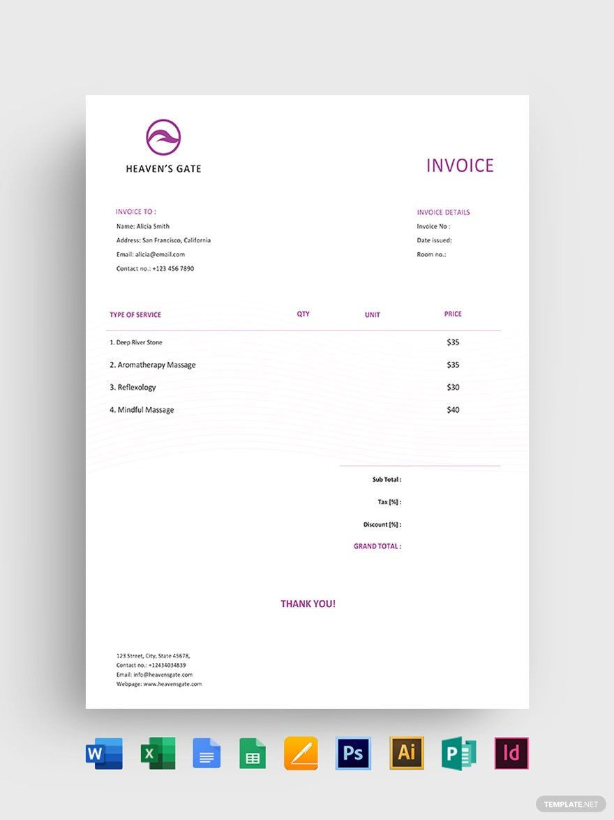 sample massage invoice template