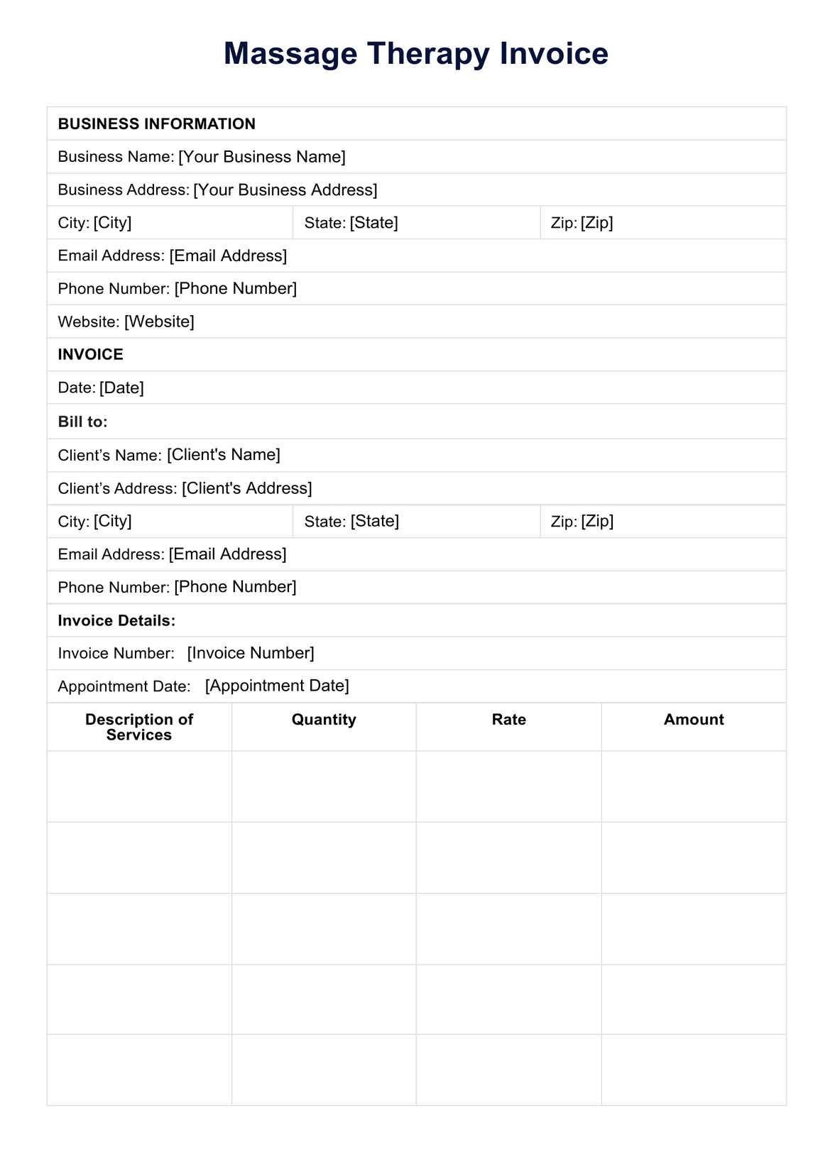 sample massage invoice template