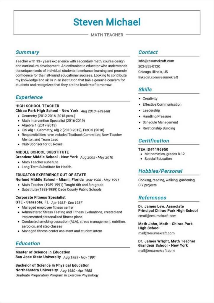 Free Printable Math Teacher Resume Template