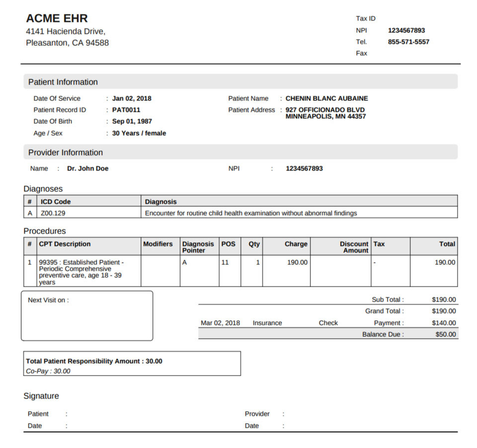 sample medical billing statement template