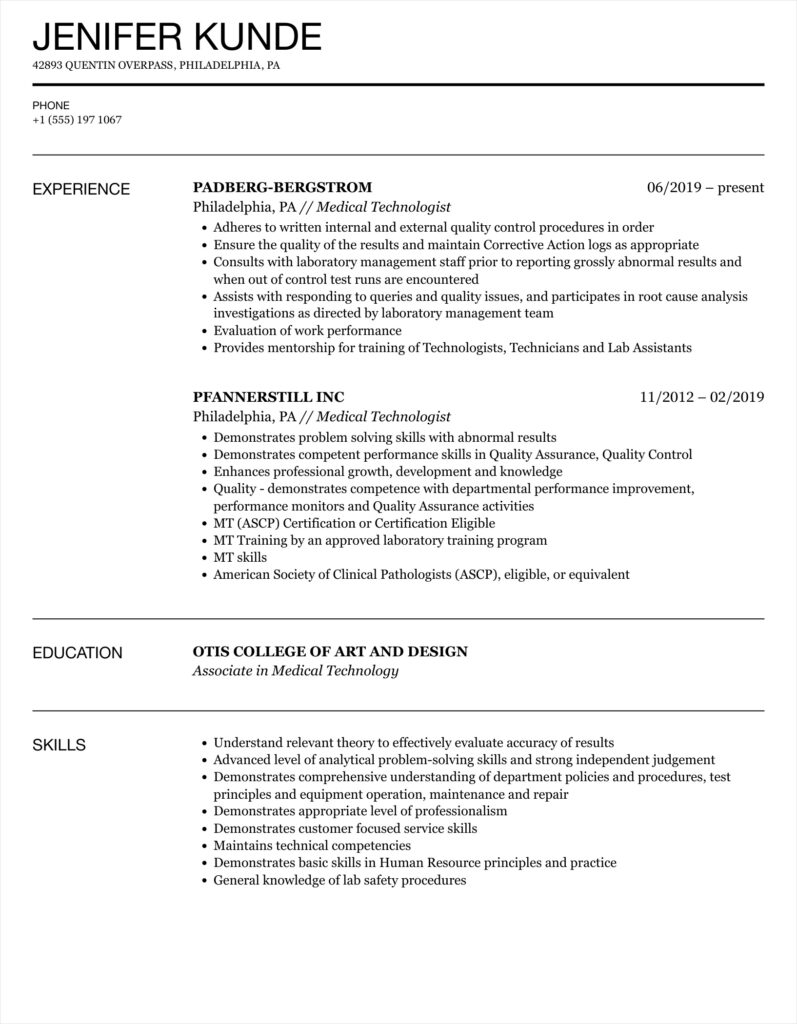 Free Printable Medical Technologist Resume Template