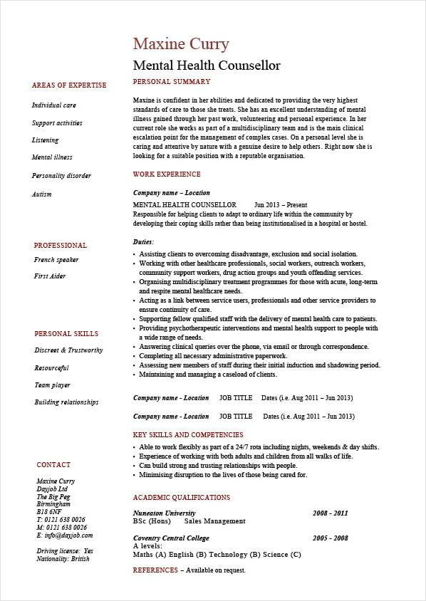 Printable Mental Health Counselor Resume Template