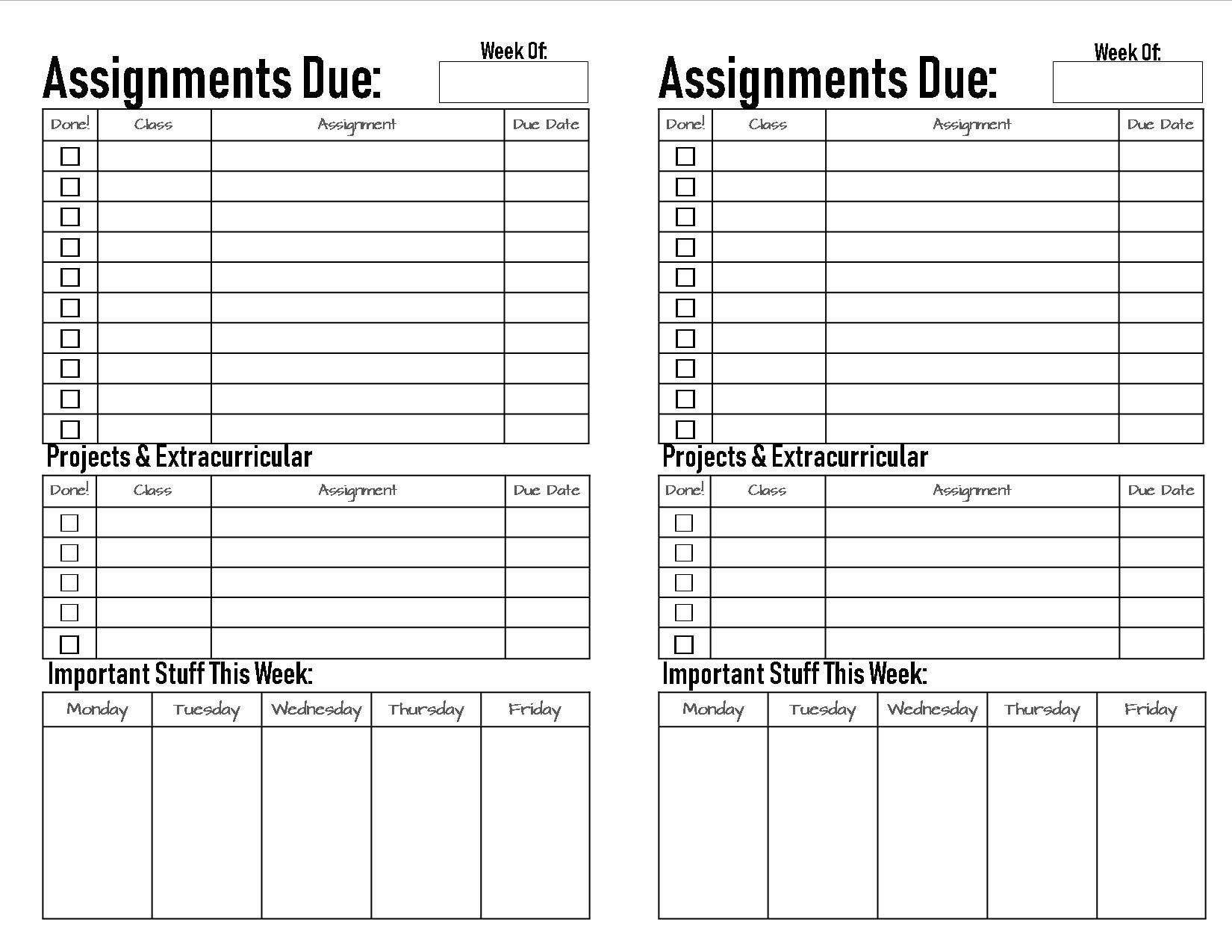 sample homework planner template