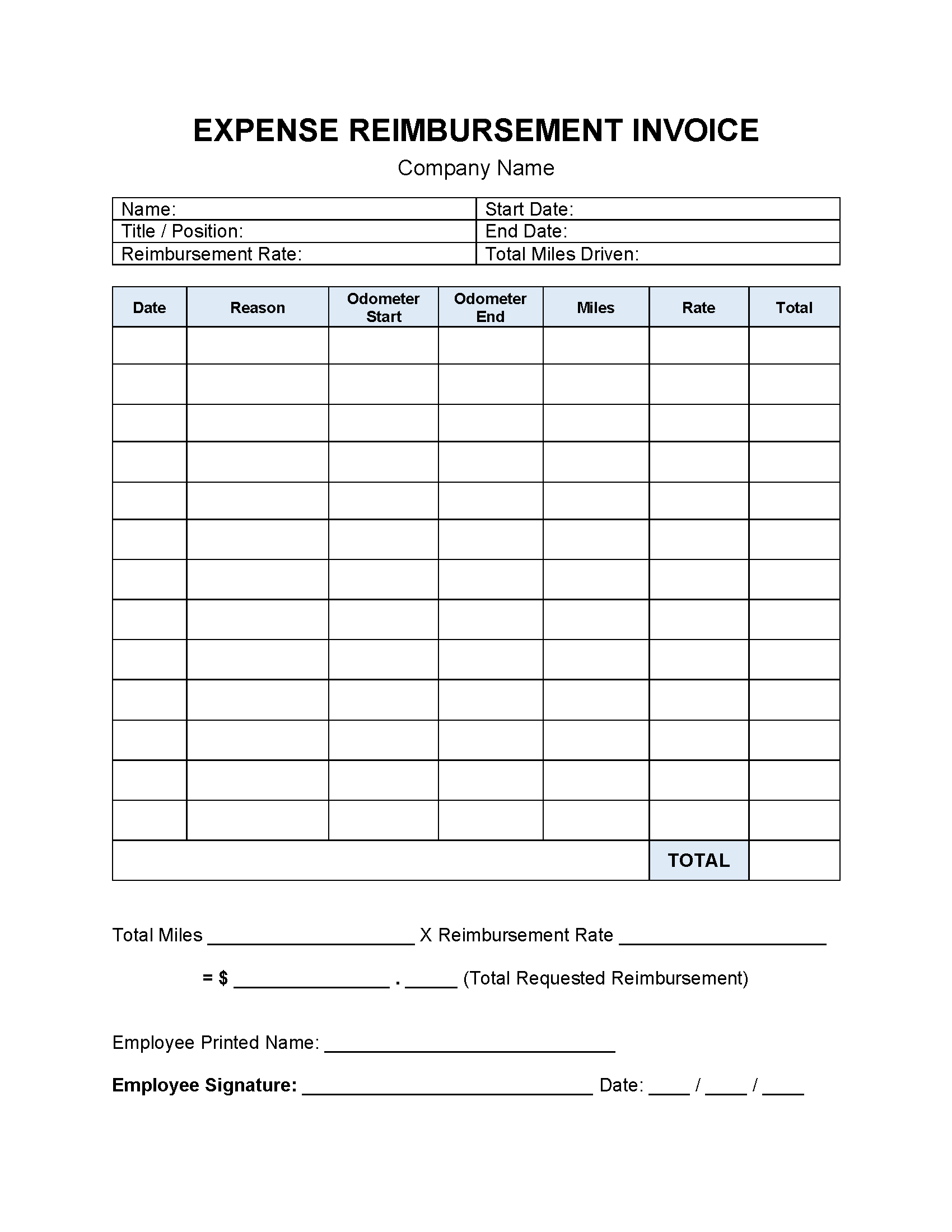 sample mileage invoice template