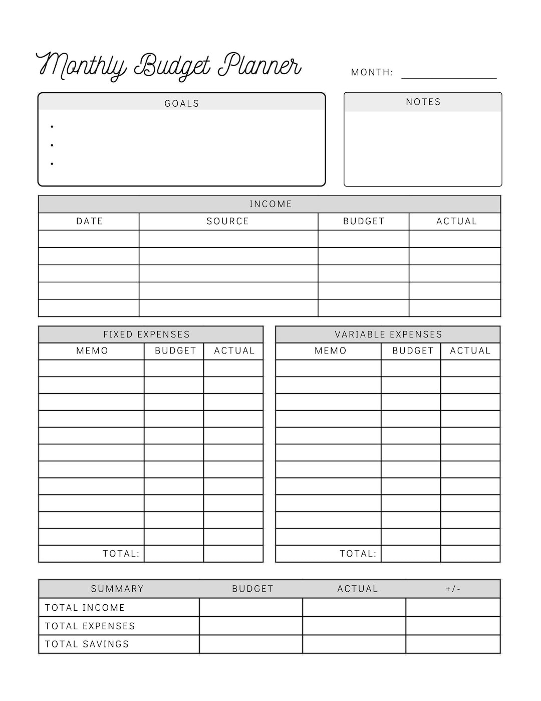 sample budget planner template