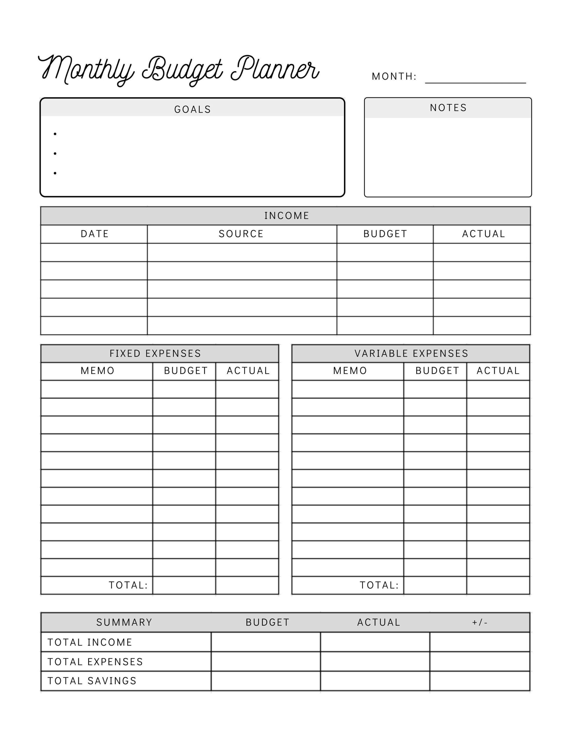 sample monthly budget planner template