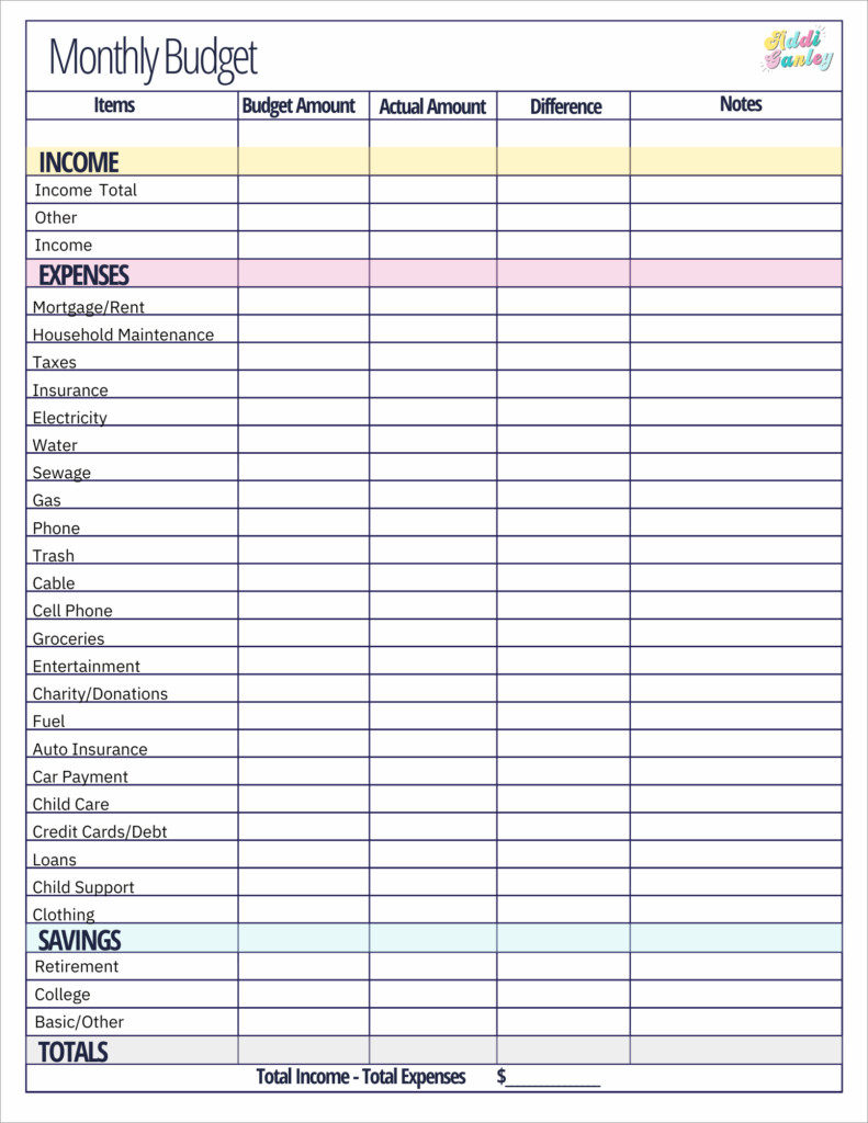 Customizable Monthly Budget Template