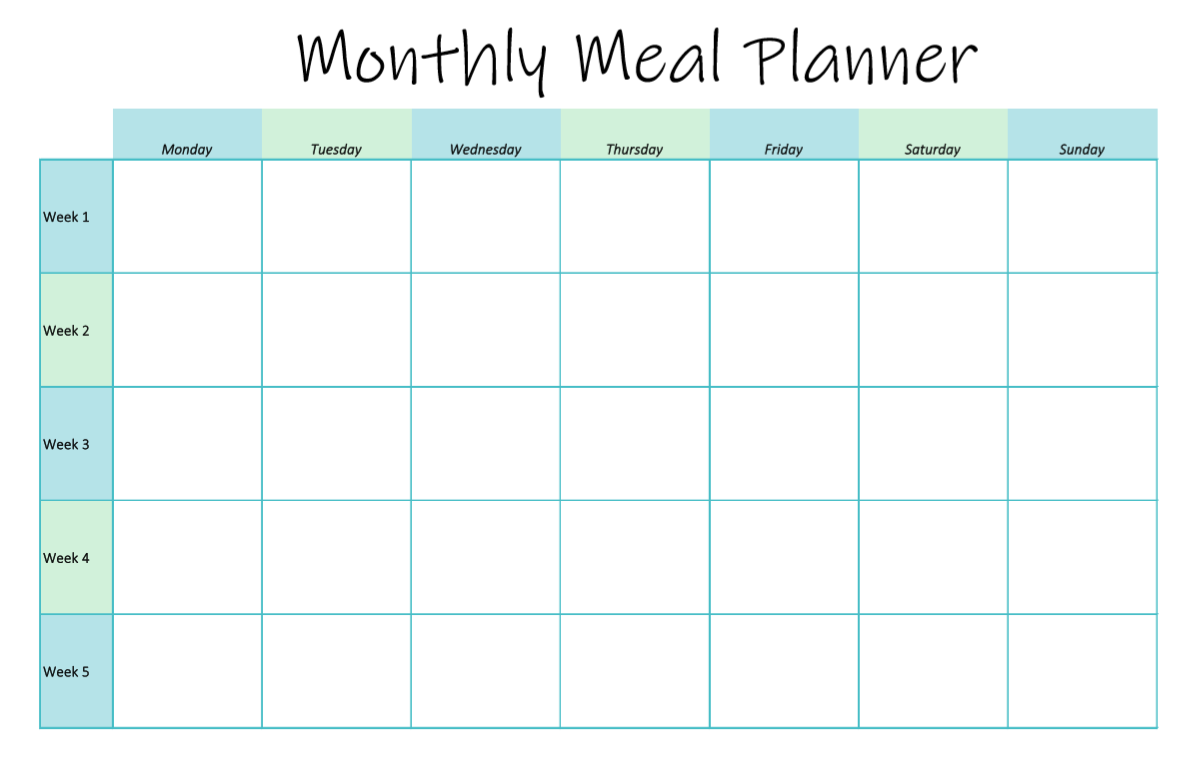 sample monthly meal planning template