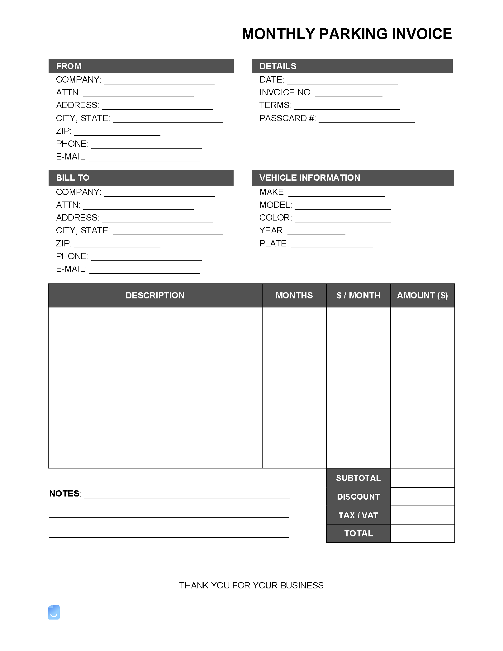 sample parking invoice template