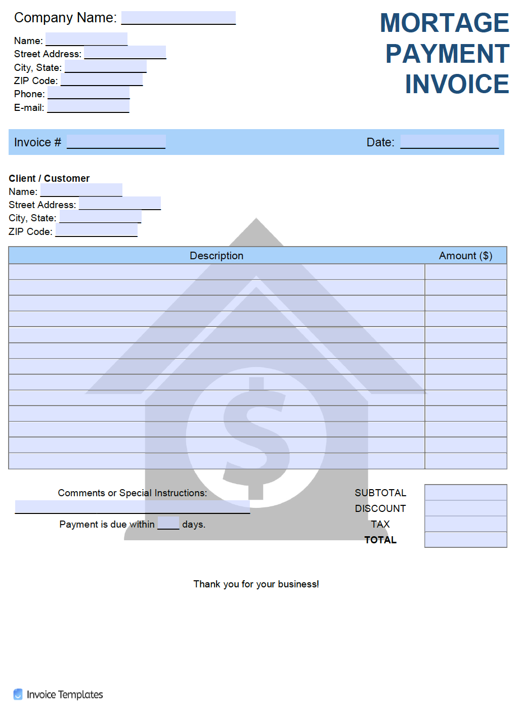 sample mortgage invoice template