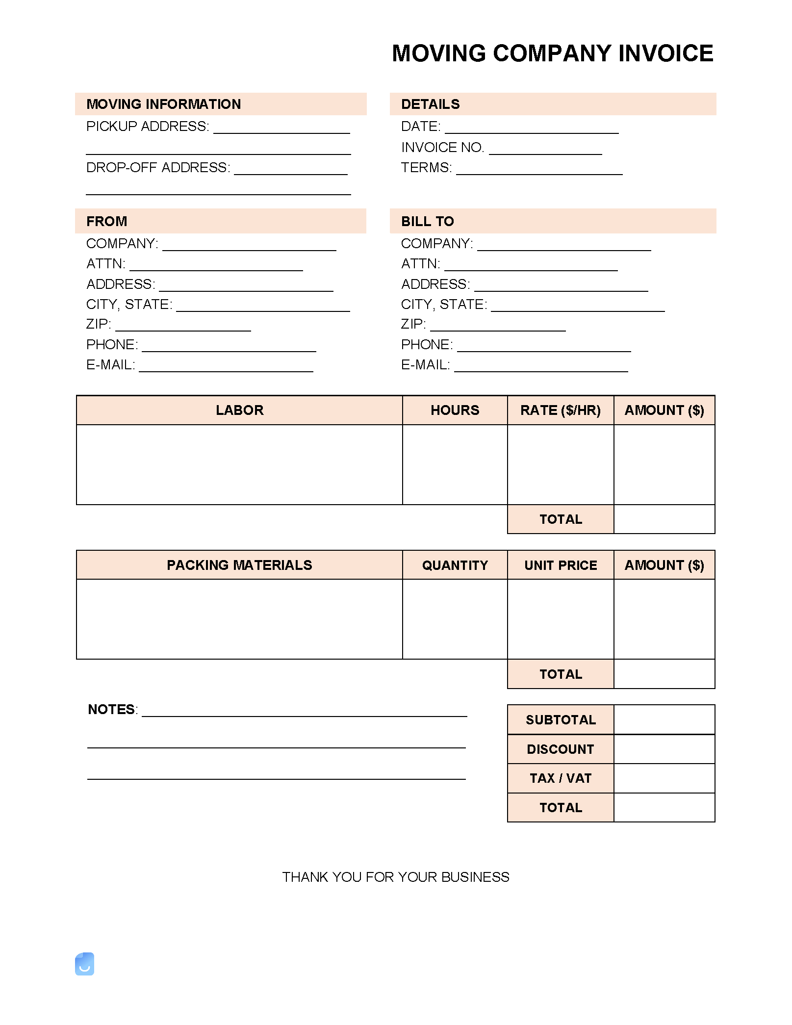 moving invoice template