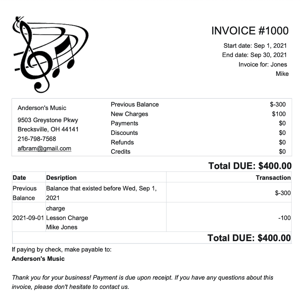 sample piano lesson invoice template