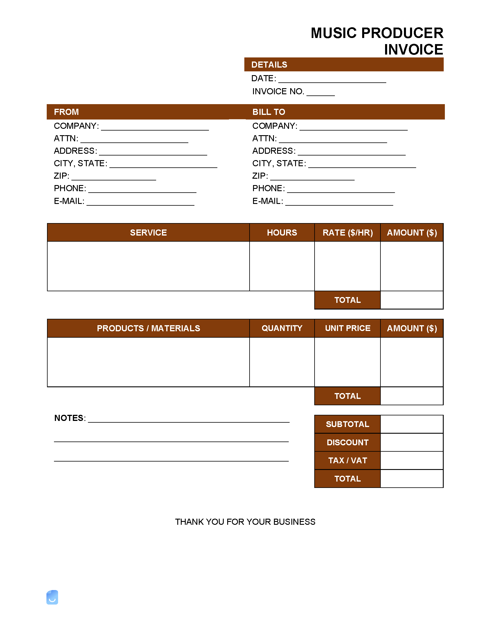 sample music producer invoice template