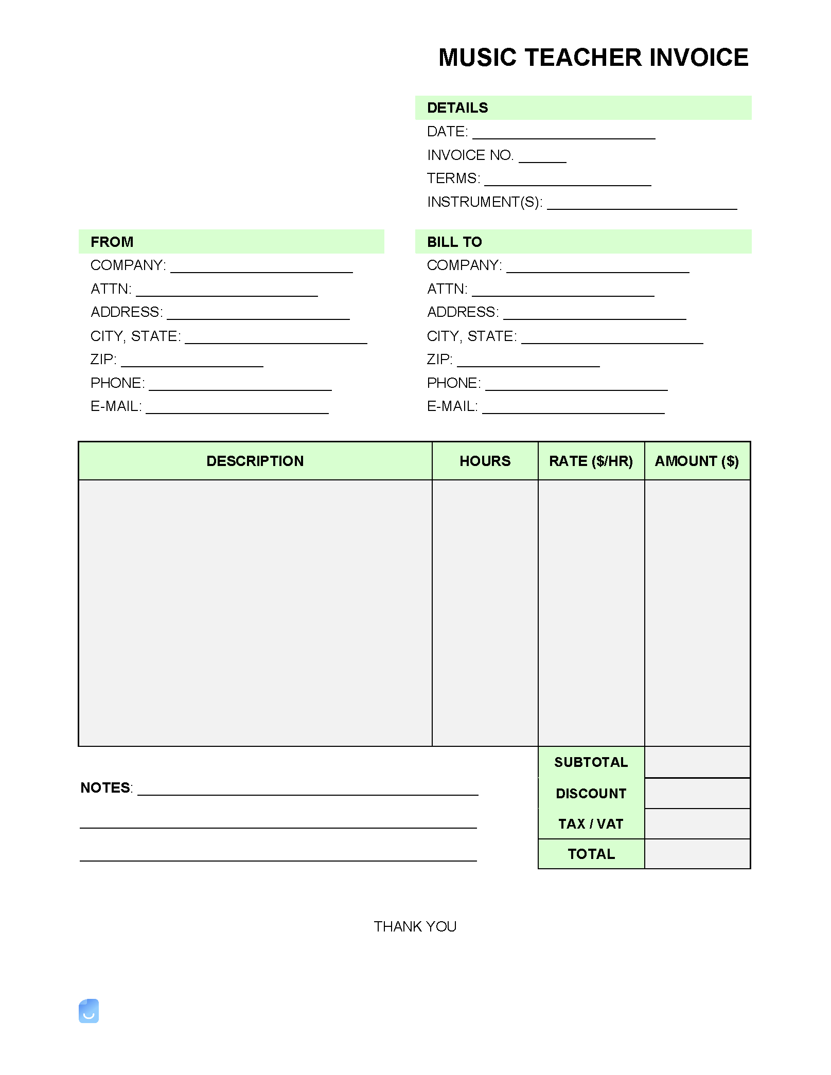 sample piano lesson invoice template