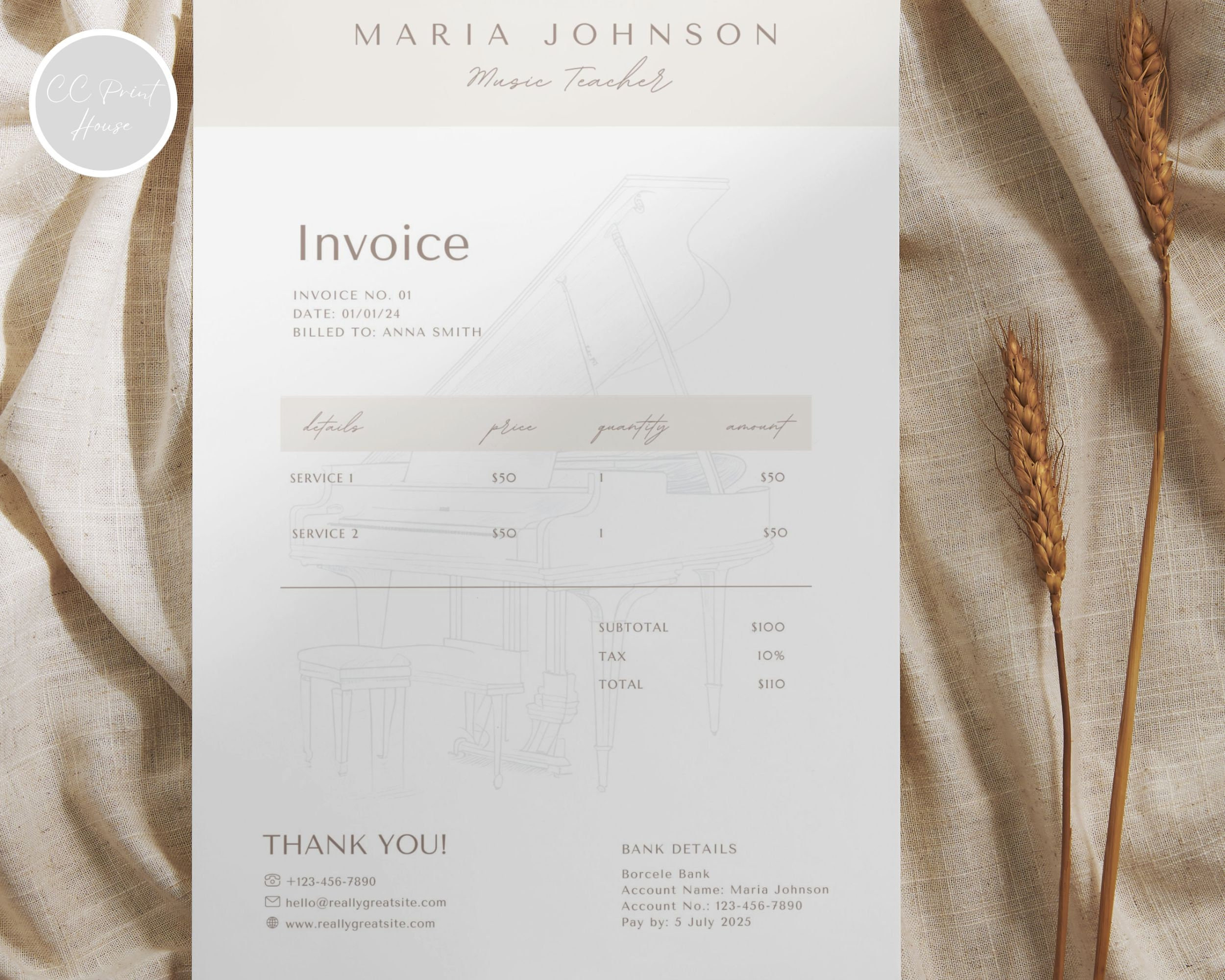 sample piano lesson invoice template