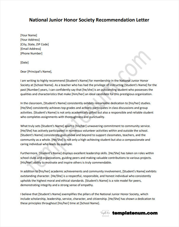 National Junior Honor Society Recommendation Letter Template