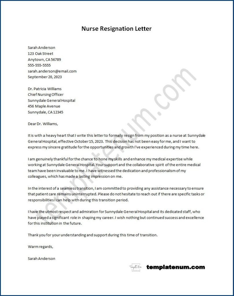 Nurse Resignation Letter Template (Example)