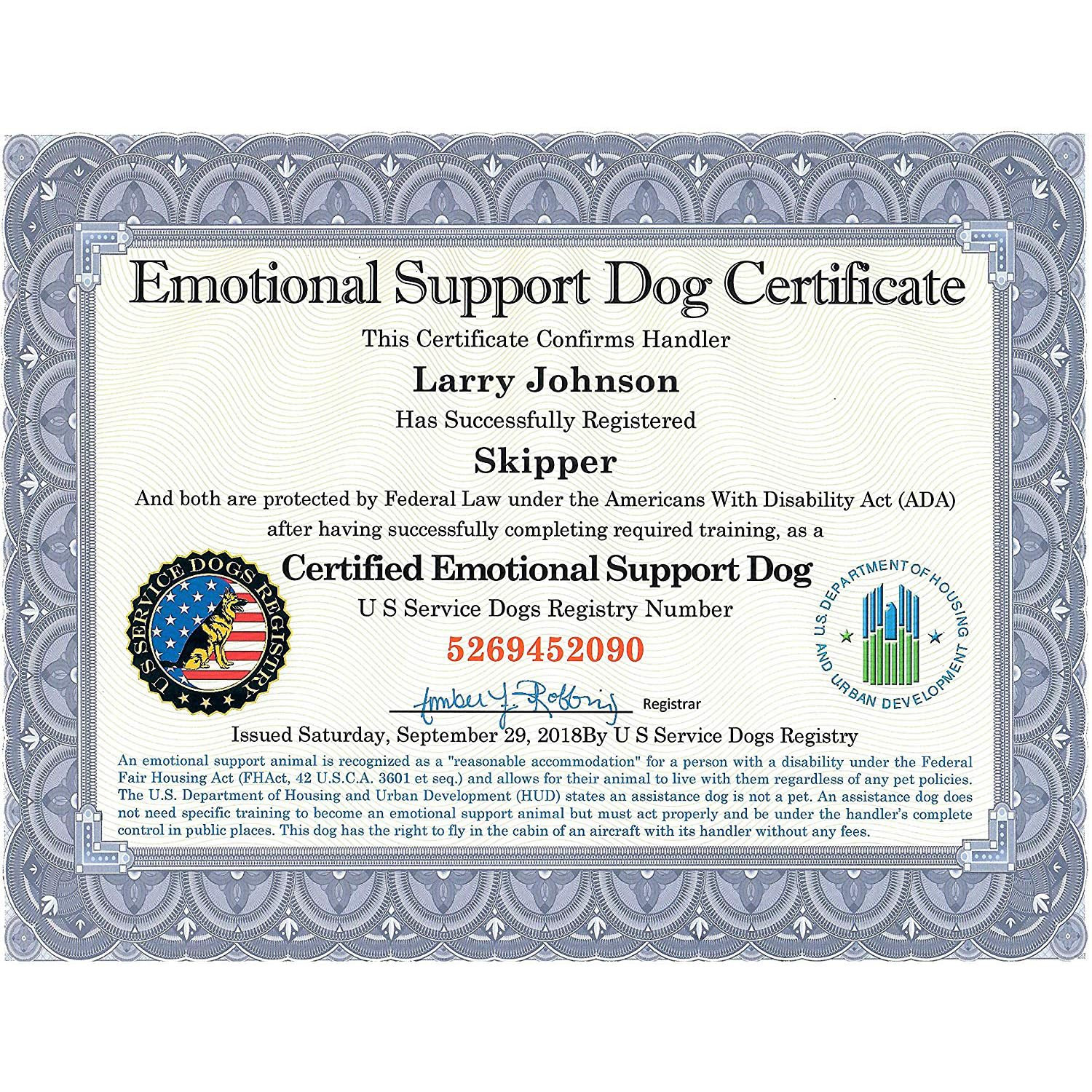 sample Emotional Support Animal Certificate template