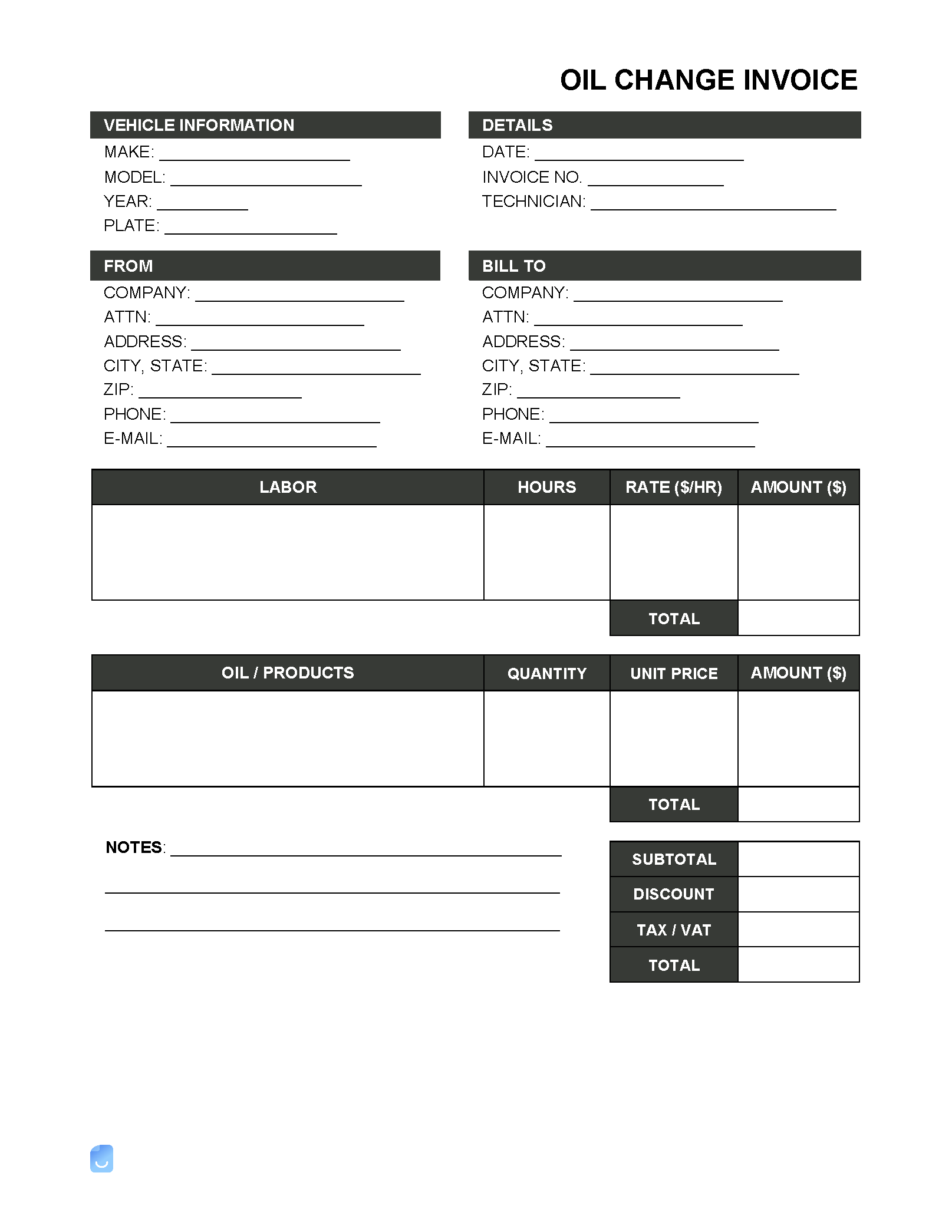 Printable Oil Change Invoice Template