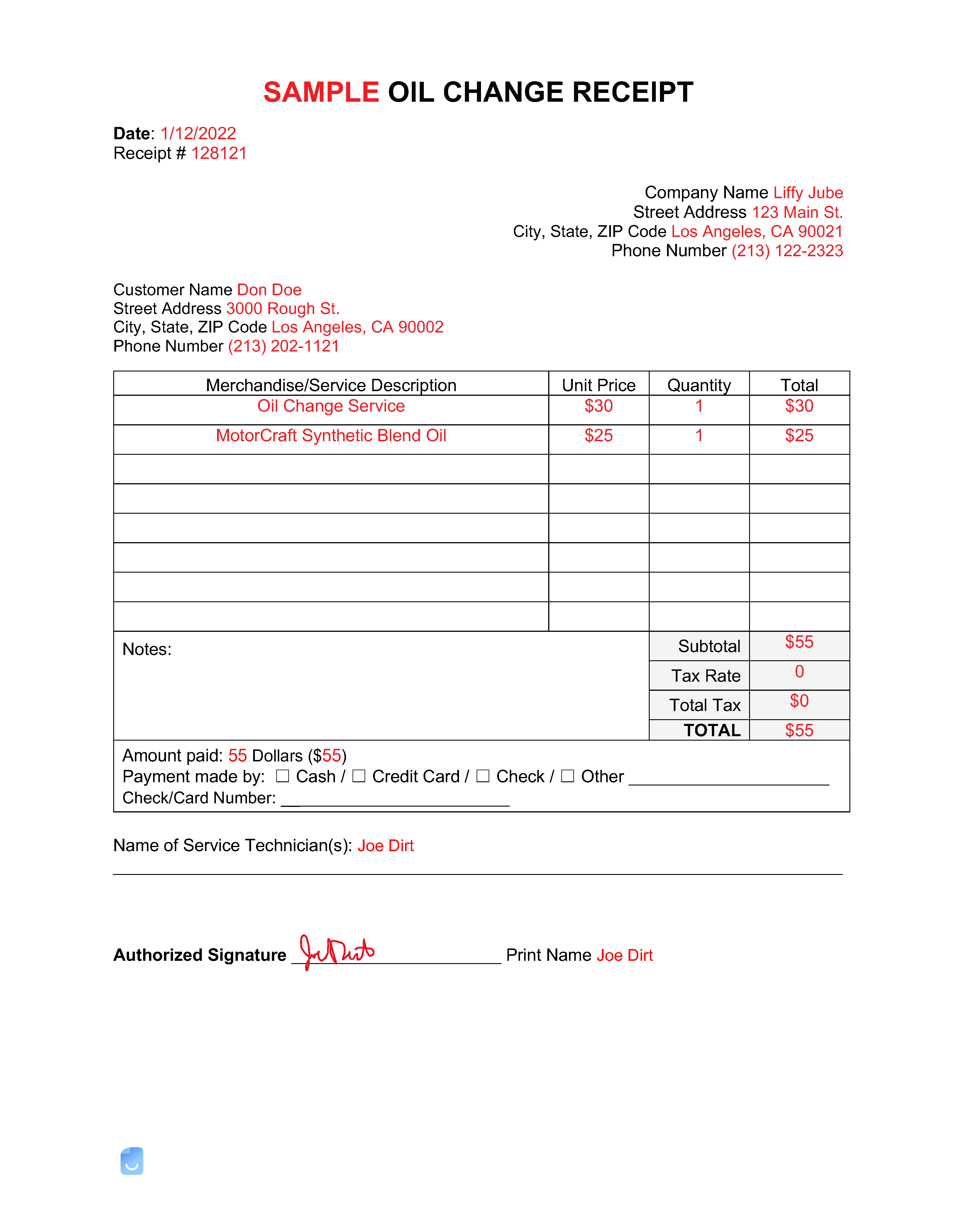 Printable Oil Change Invoice Template