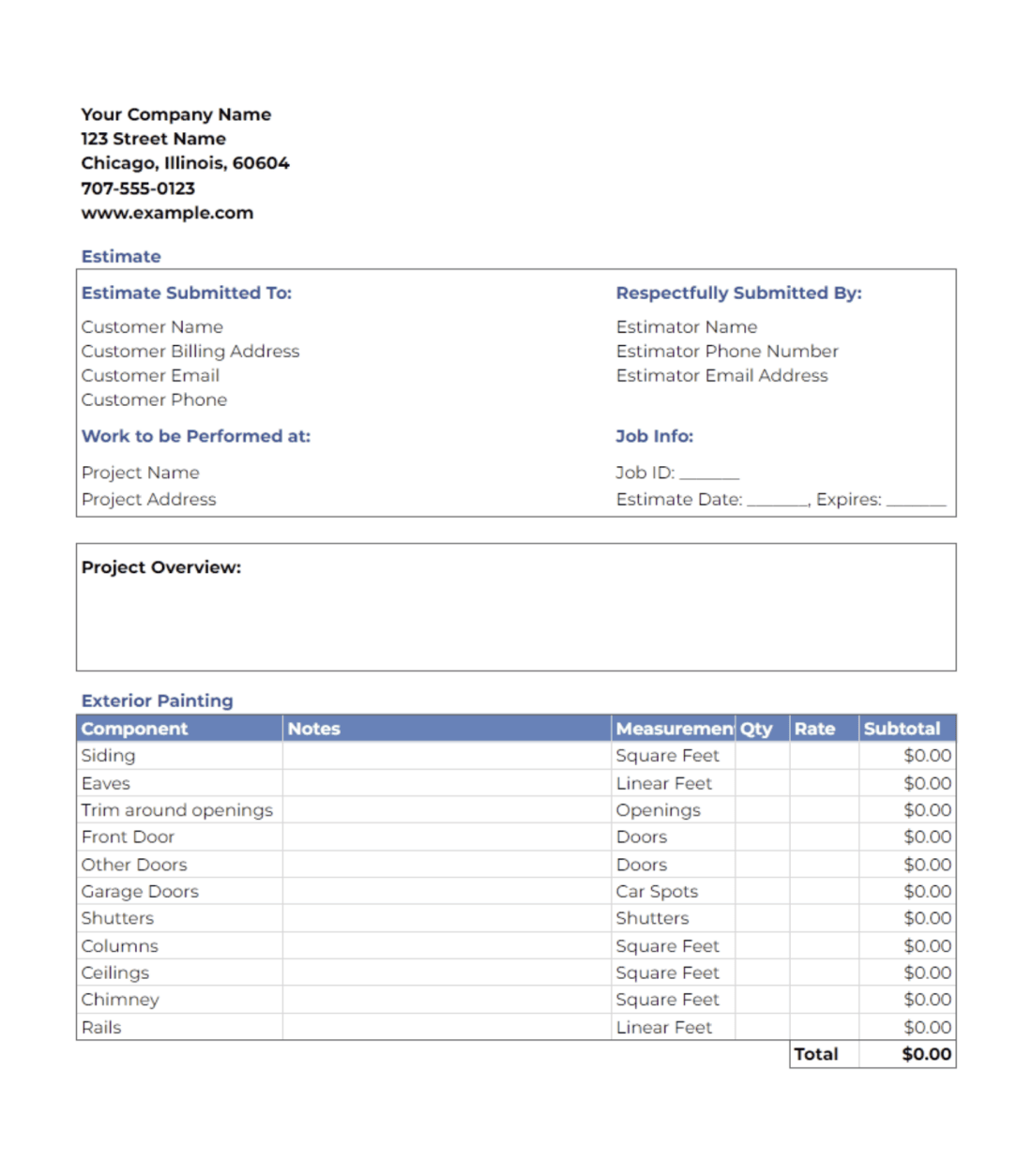sample exterior painting estimate template