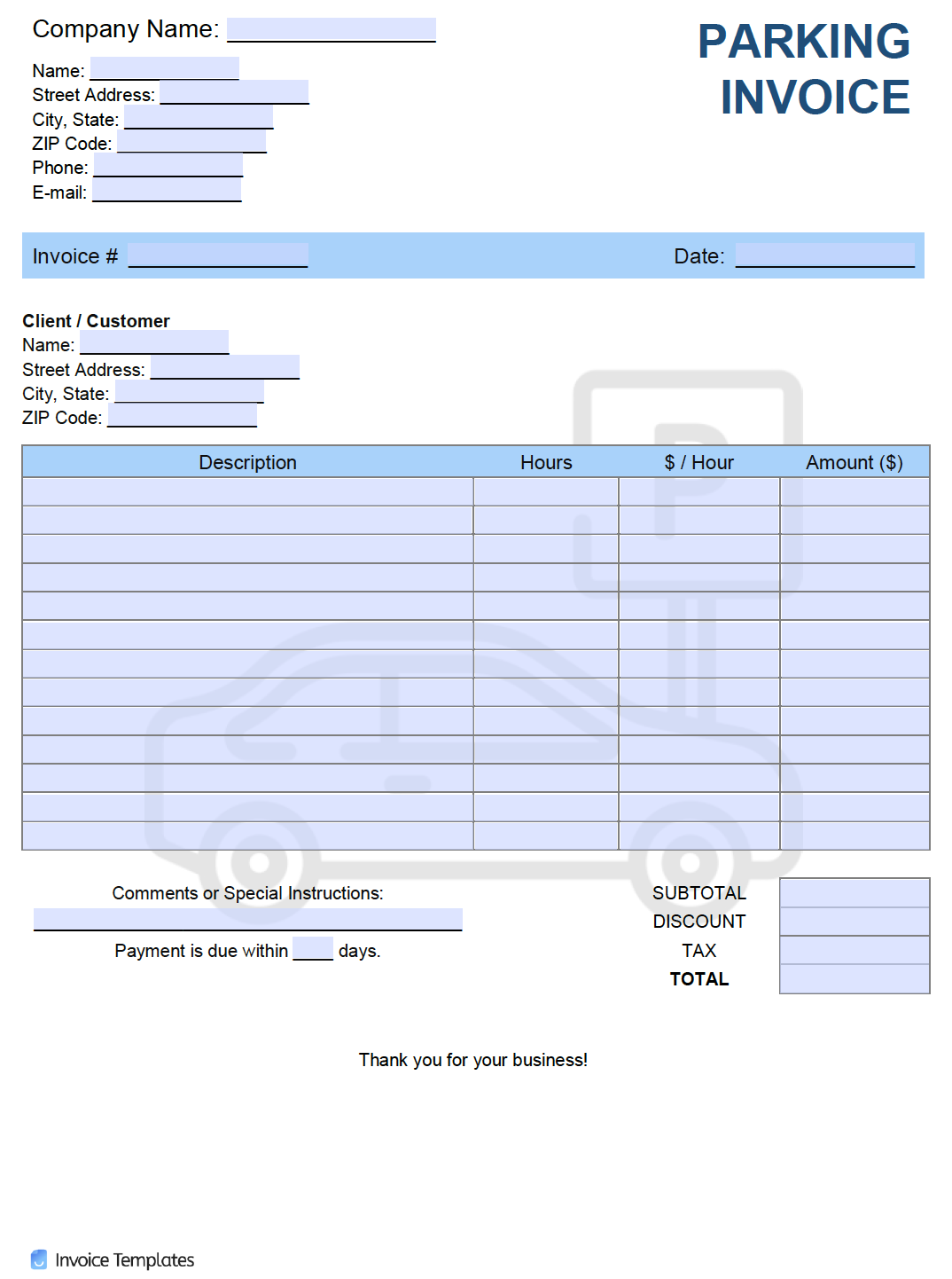 sample parking invoice template