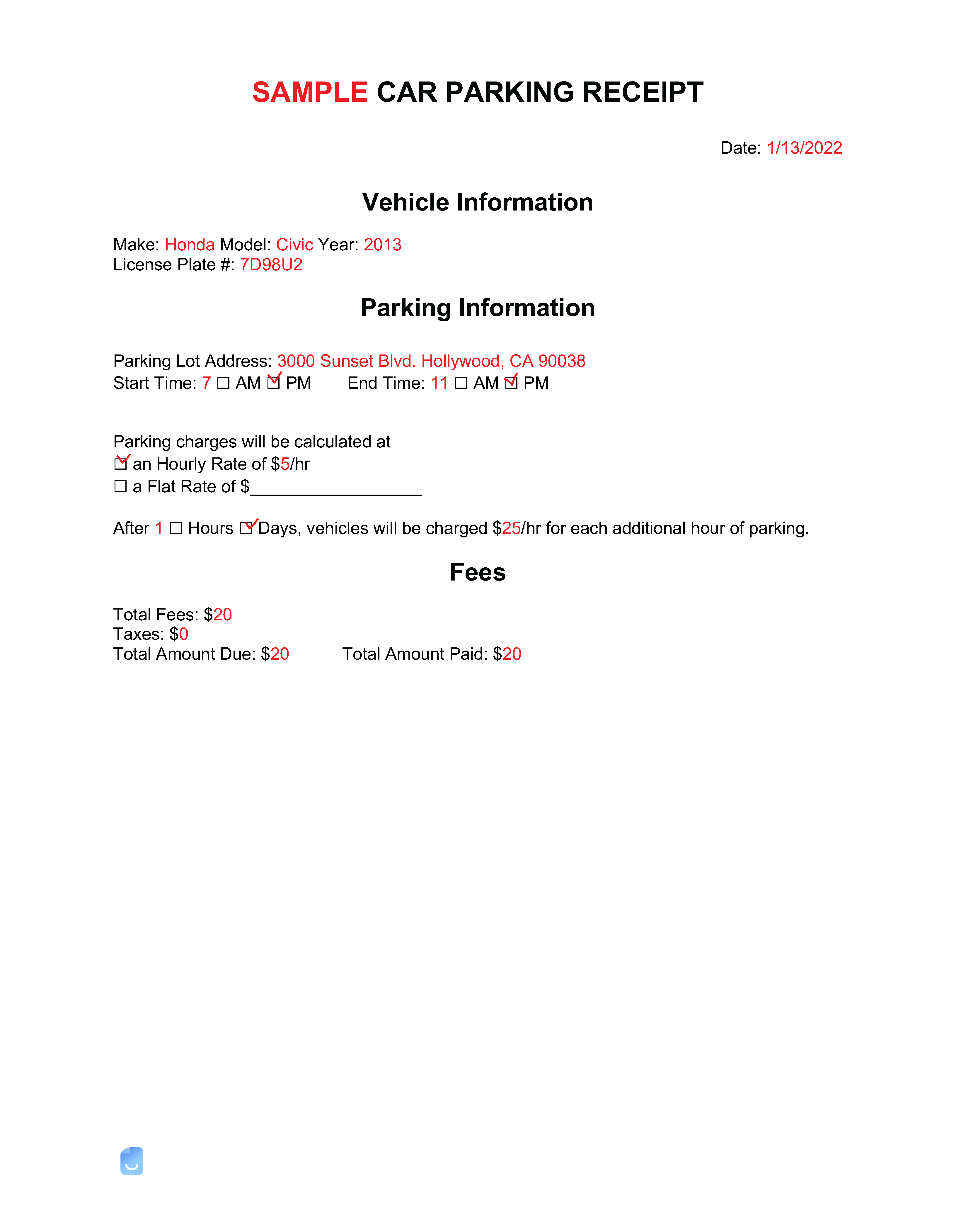 sample parking invoice template