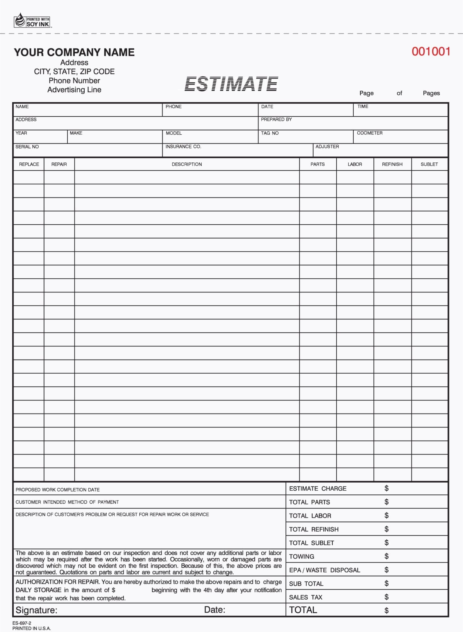 sample car repair estimate template