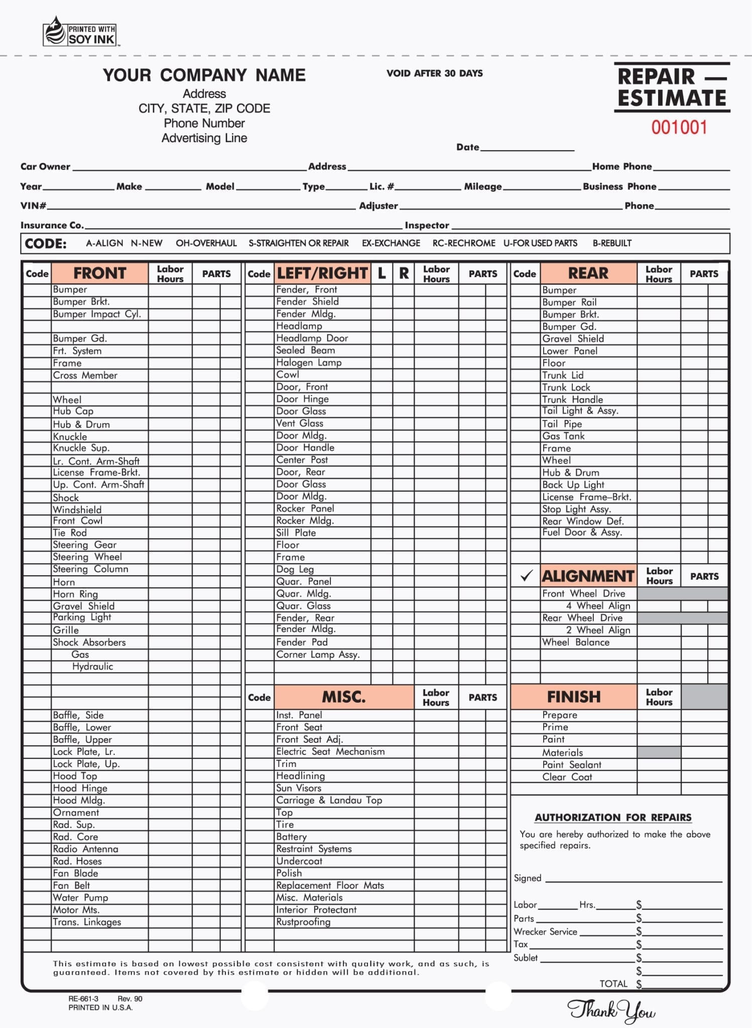 sample car repair estimate template