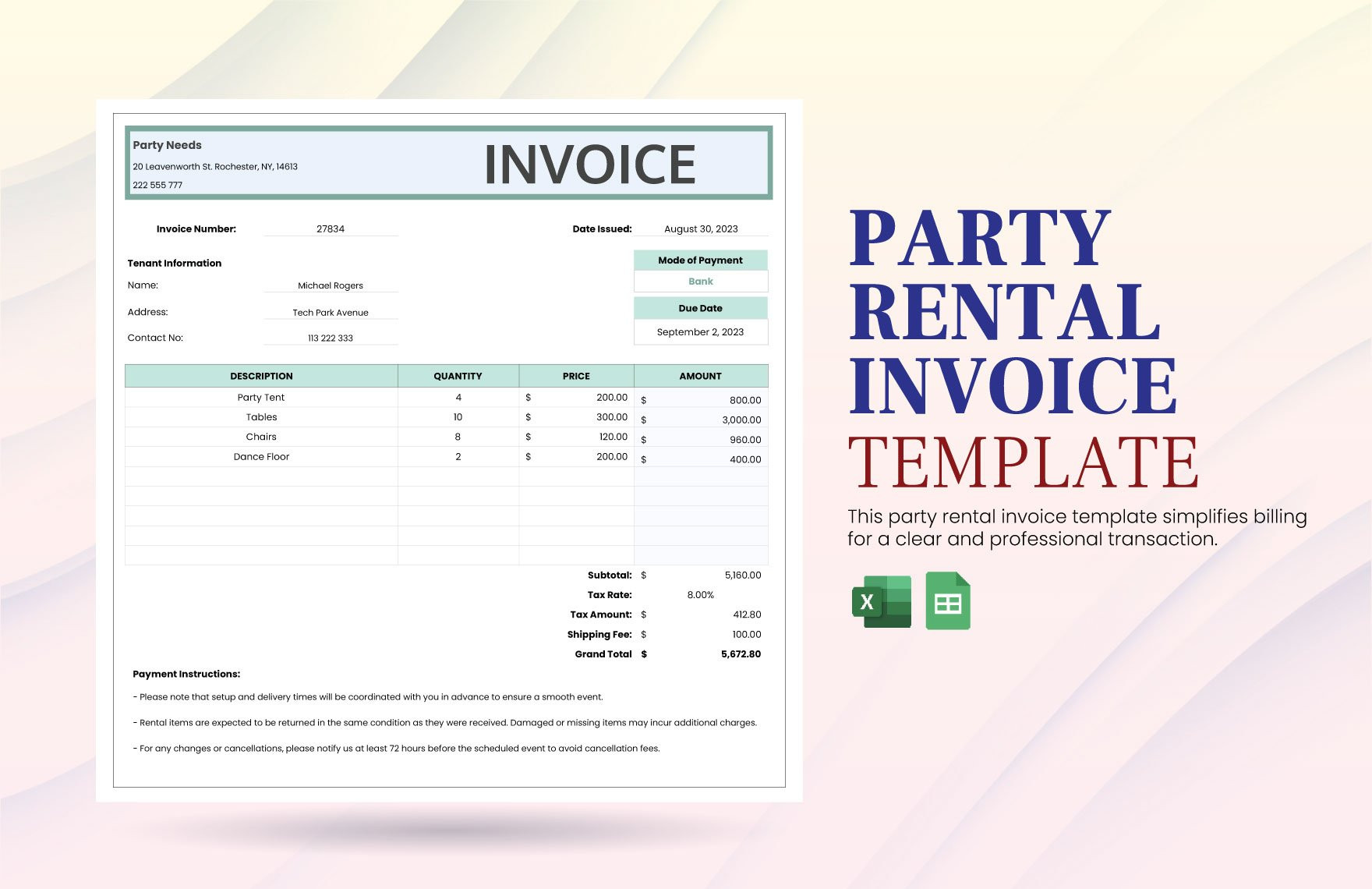 sample party rental invoice template