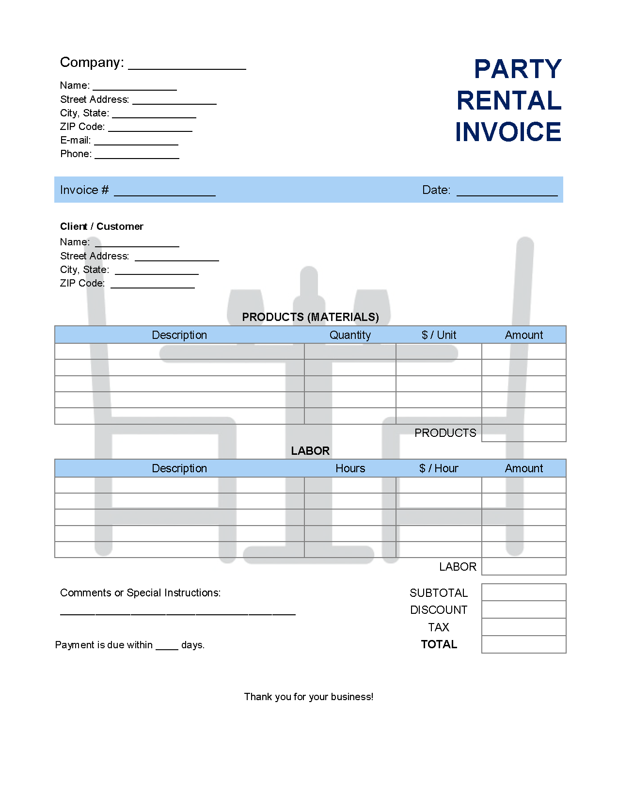 sample party rental invoice template