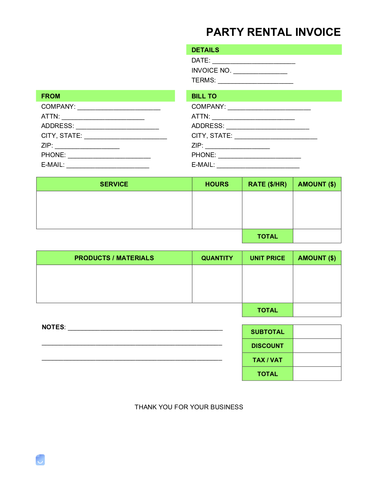 sample party rental invoice template