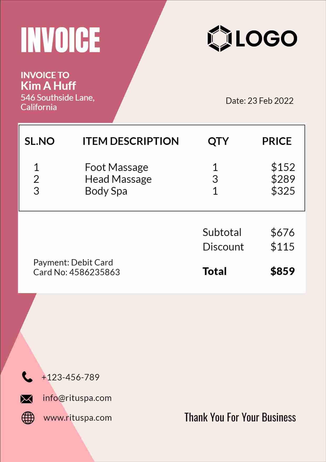 sample massage invoice template