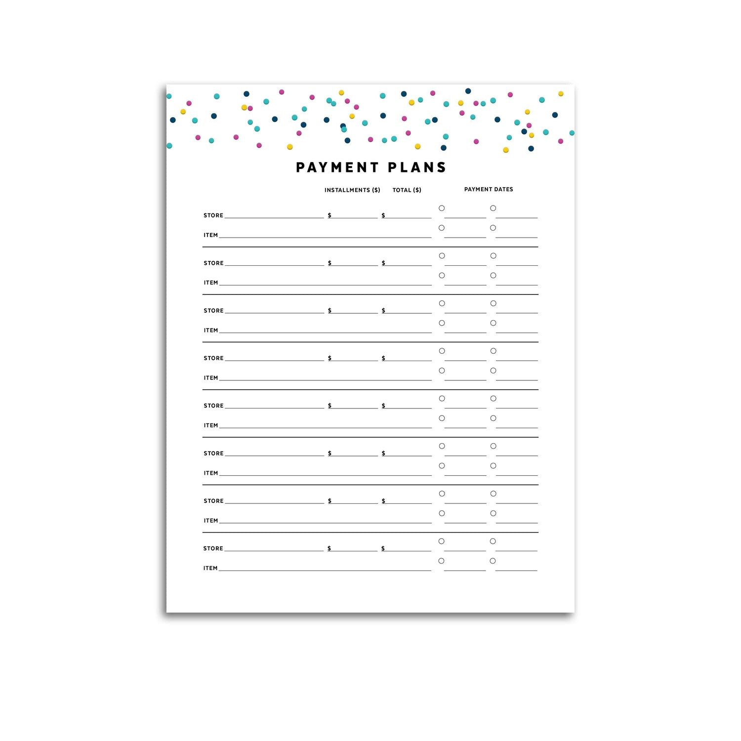 sample payment planner template