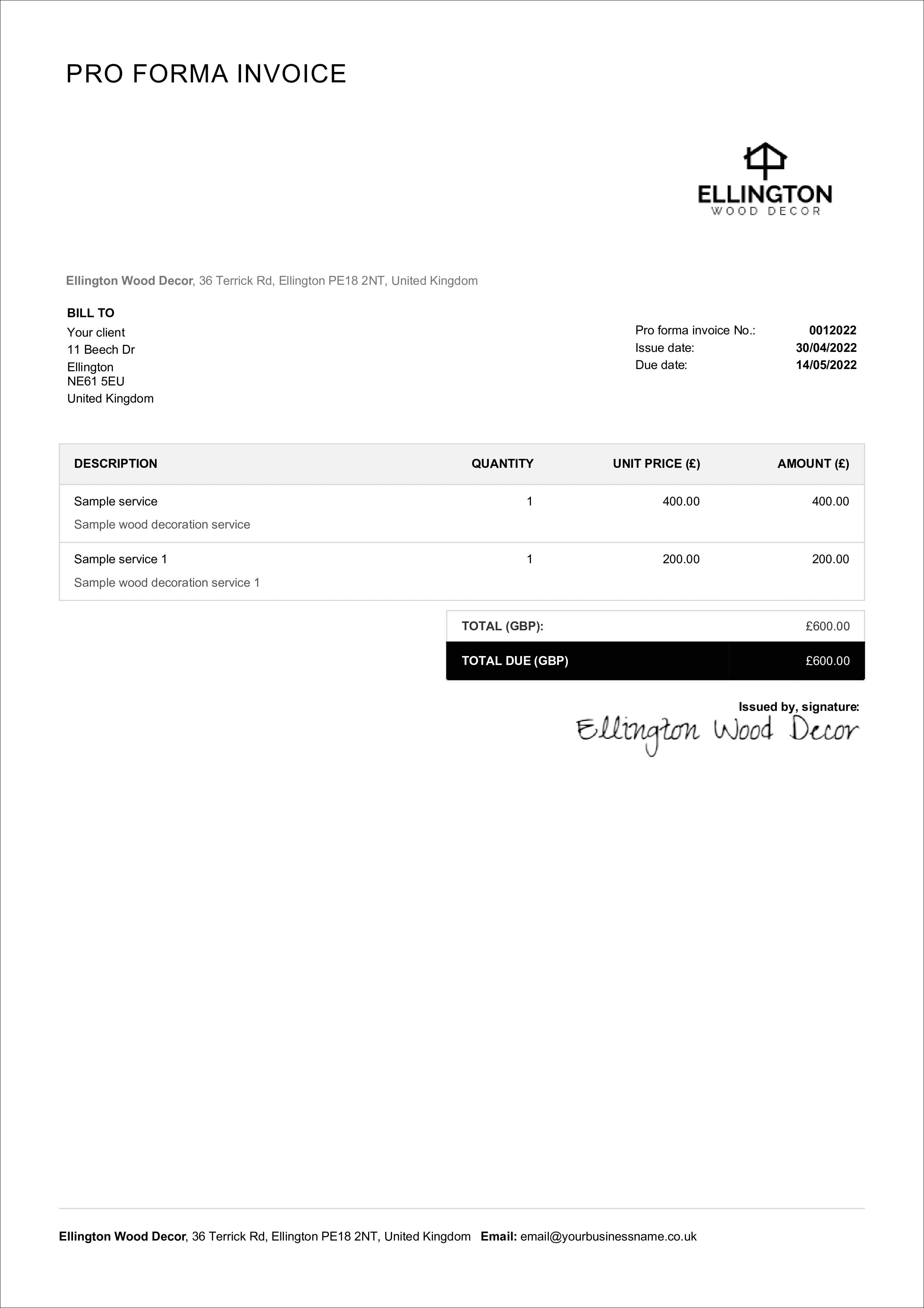 sample proforma invoice template