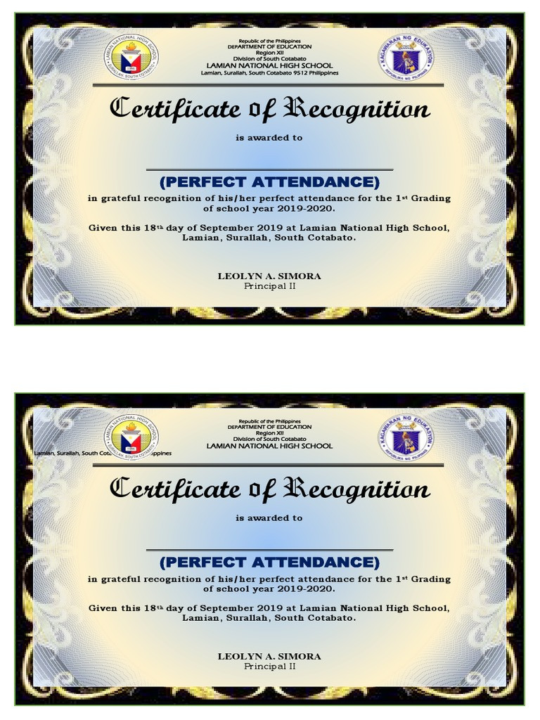 sample perfect attendance award certificate template