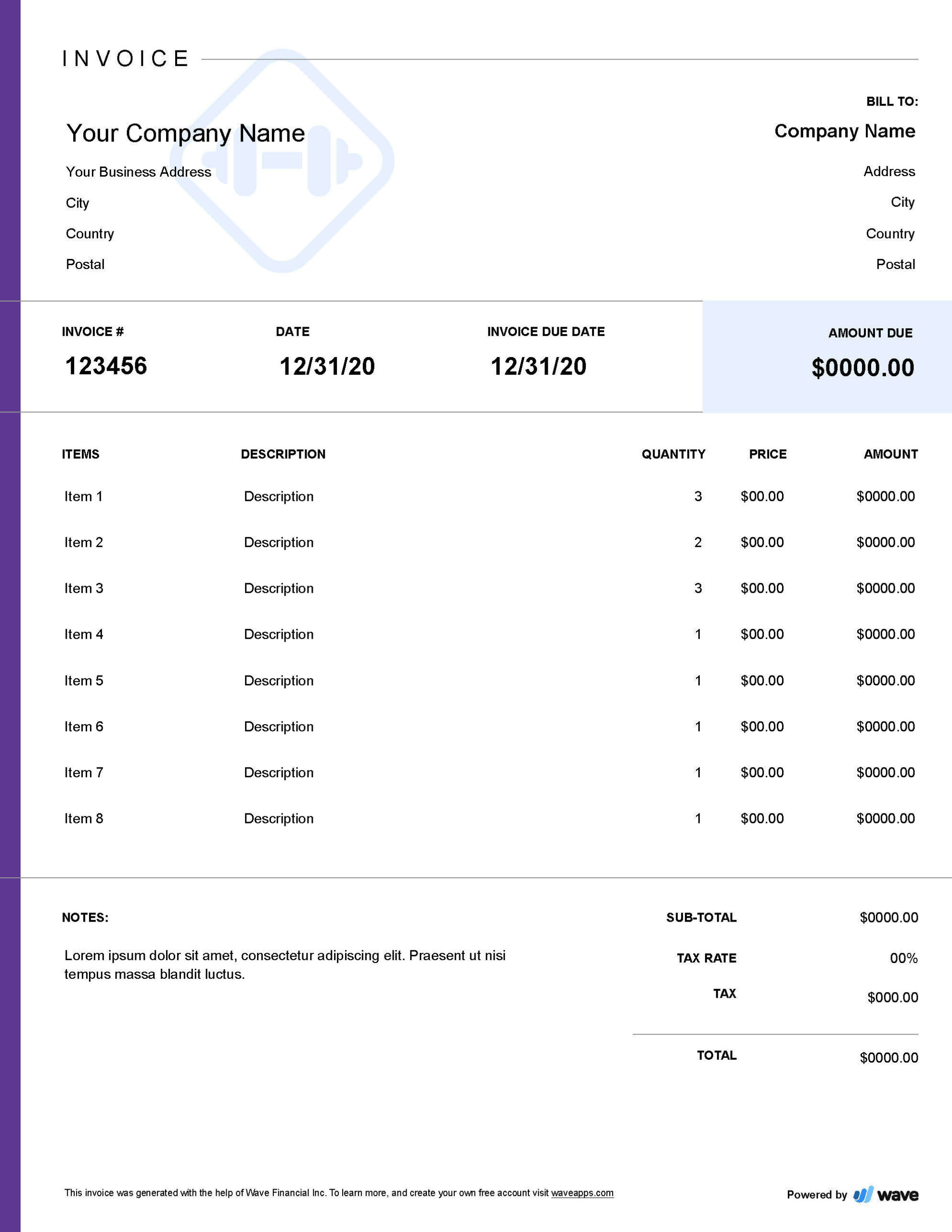 sample yoga invoice template