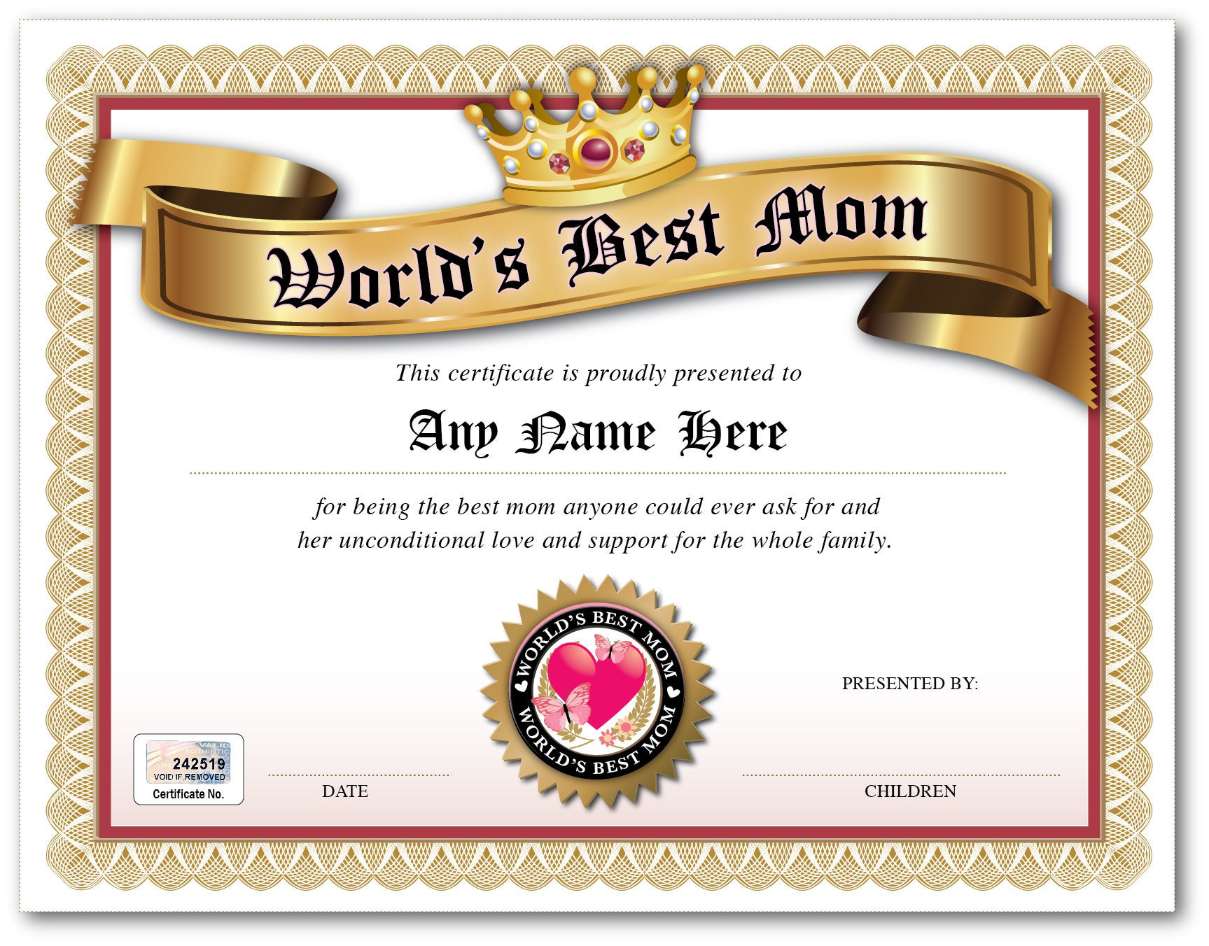 Printable Best Mother Award Certificate Template