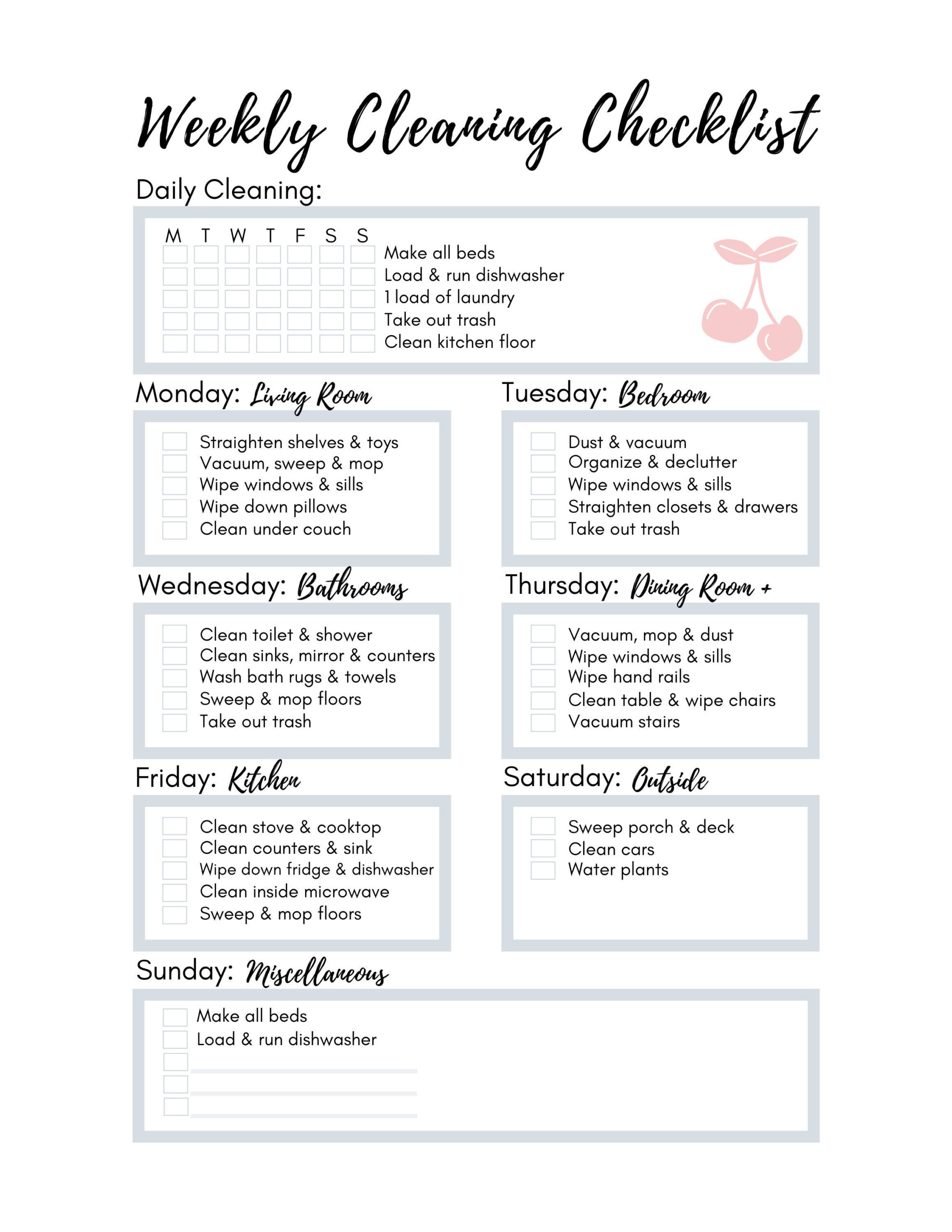 sample weekly cleaning planner template