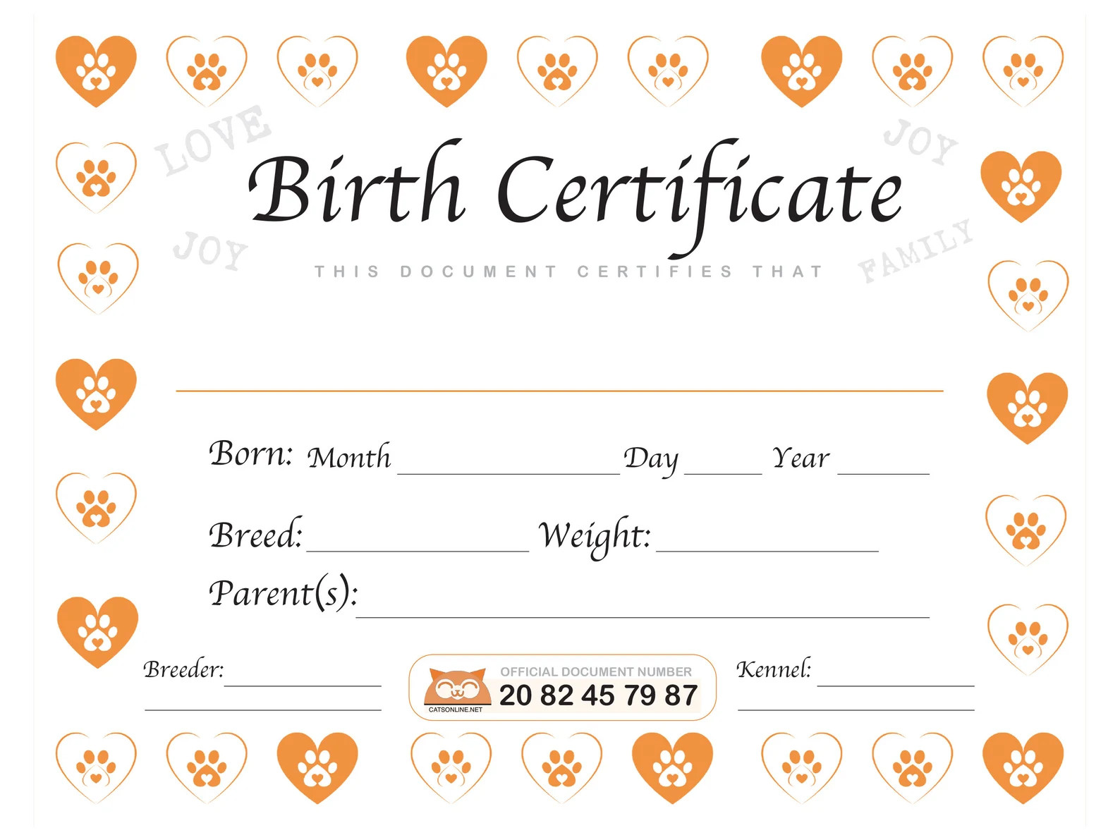 sample cat birth certificate template