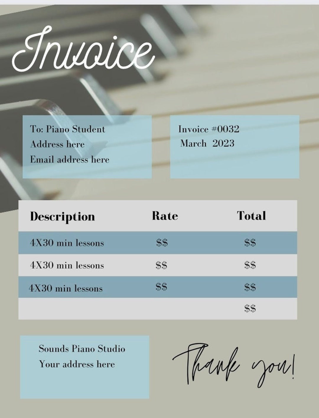 sample piano lesson invoice template