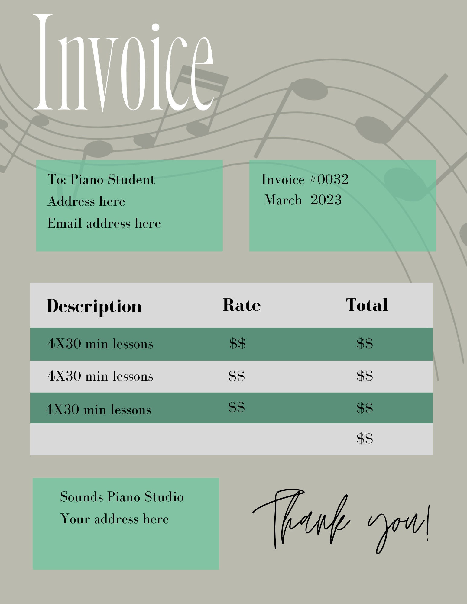 sample piano lesson invoice template