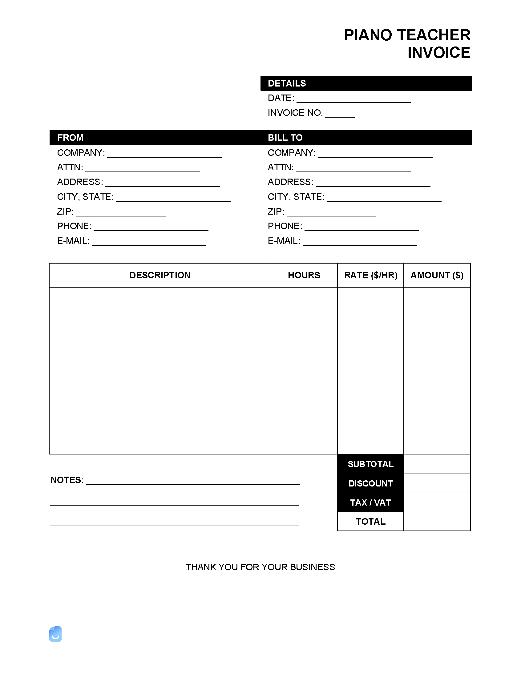 sample piano lesson invoice template