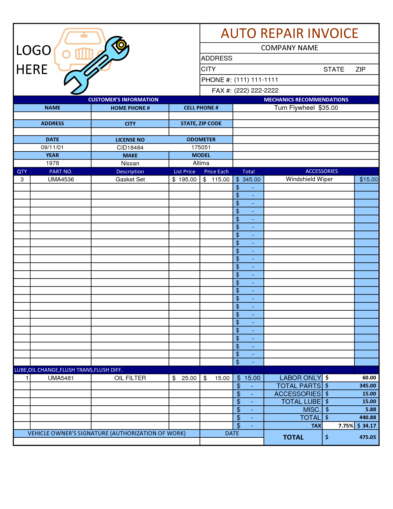 mechanic shop invoice template