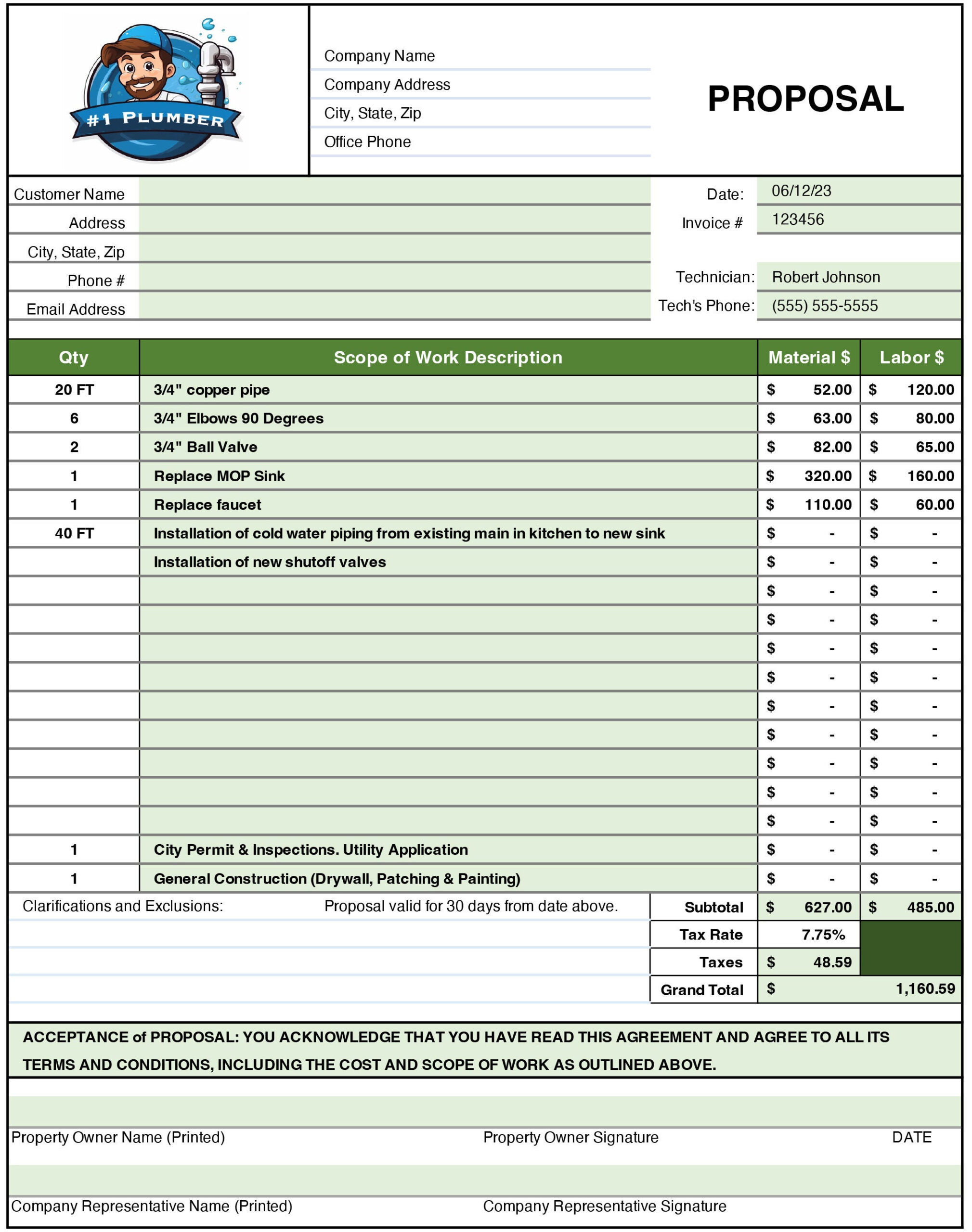 sample plumber estimate template