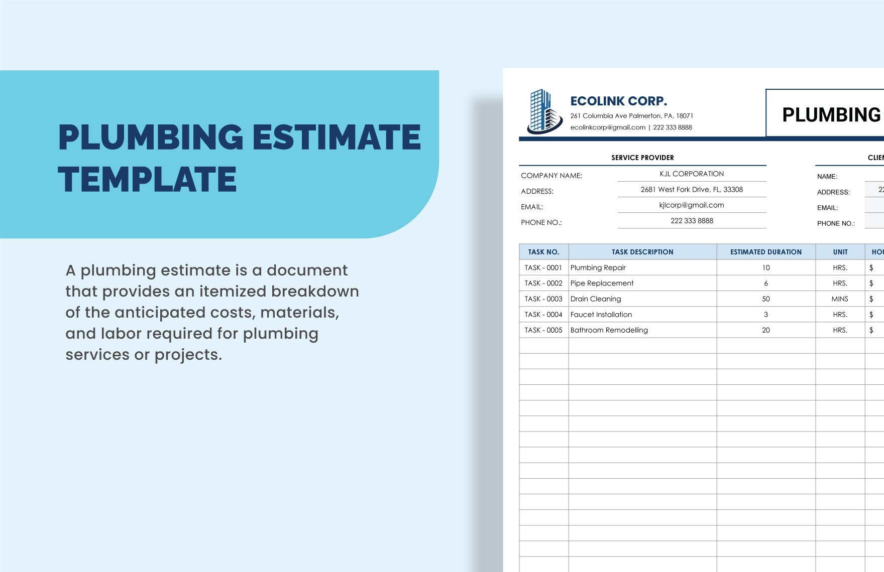 sample plumber estimate template